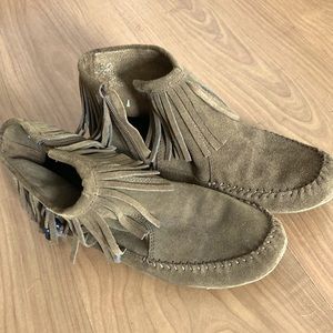 Chocolate brown Minnetonka moccasins